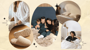 Left to Right: A woman wearing Cozy Earth striped pajamas, Cozy Earth fuzzy slippers, a family wearing Cozy Earth pajamas in bed with a Cozy Earth furry blanket, a bed with beige Cozy Earth sheets, and a woman wearing Cozy Earth pajamas lying upright in bed.