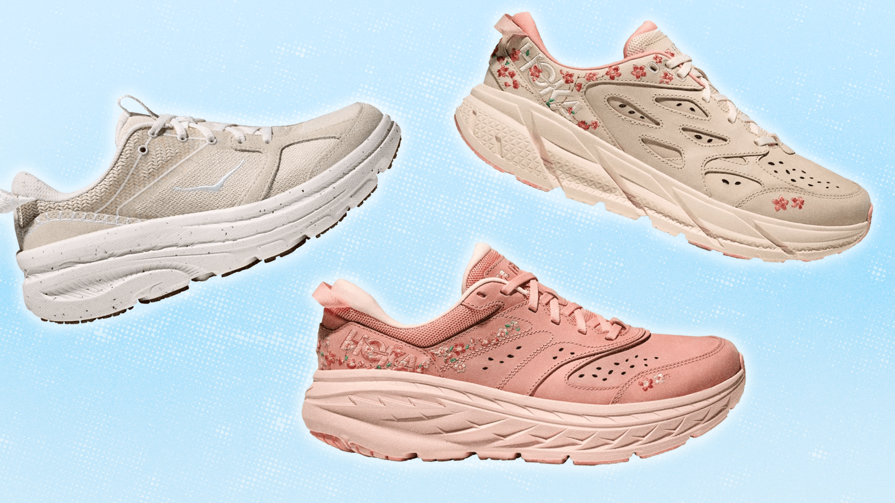 Three pairs of sneakers from HOKA's new 'Vibrant Bloom' Collection