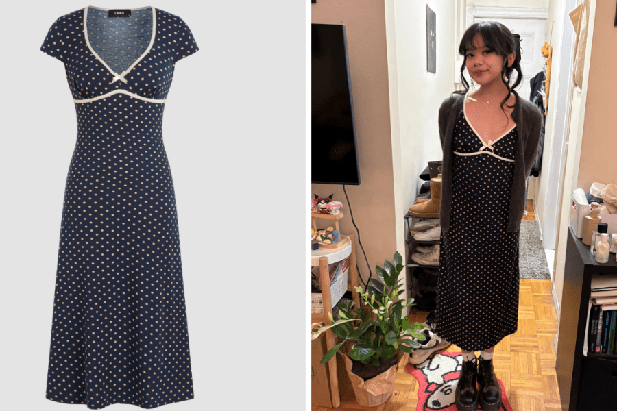 Kleigh is wearing Cider's Knit V-Neck Polka Dot Bowknot Midi Dress in Dark Navy