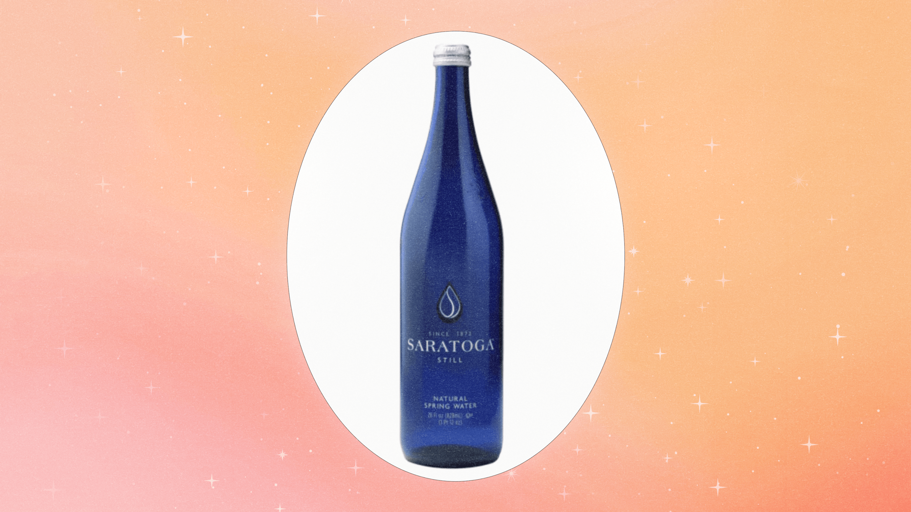 A blue water bottle with an orange background.