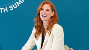 Sarah Rafferty speaks onstage at the Flow Space Women’s Health Summit LA held at Penske Headquarters on May 14, 2025 in Los Angeles, California.