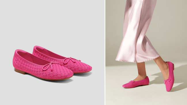 Left: a product shot of the Vivaia Margaret Square-Toe Bow Ballerina Flats in a Barbie pink colorway; Right: a model wearing the Vivaia Margaret Square-Toe Bow Ballerina Flats in a Barbie pink colorway.