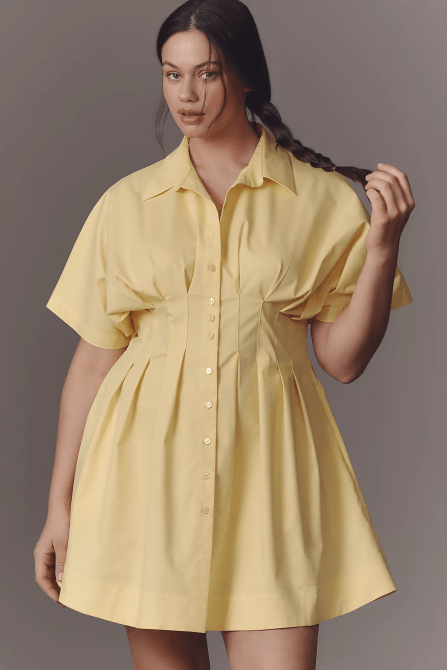 A plus-size model wearing the Exquise The Tobie Mini Shirt Dress