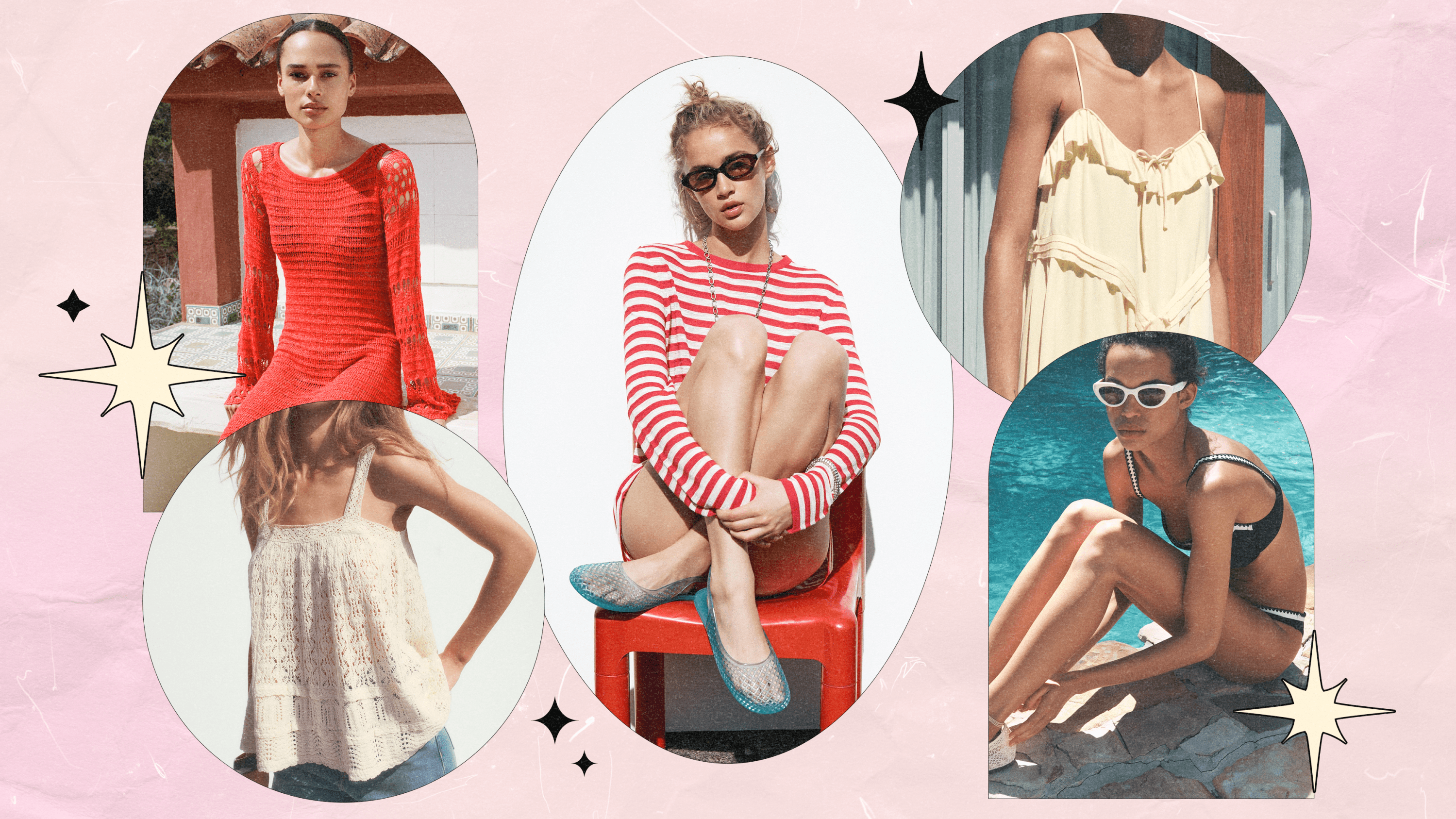 Left to Right: a Zara model wearing a red coral crochet dress; a Zara model wearing a cream knit top; a Zara model wearing a red and white striped shirt, sunglasses, and blue rubber flats; a Zara model wearing a butter yellow dress; a Zara model wearing a black two-piece bikini set and sunglasses.
