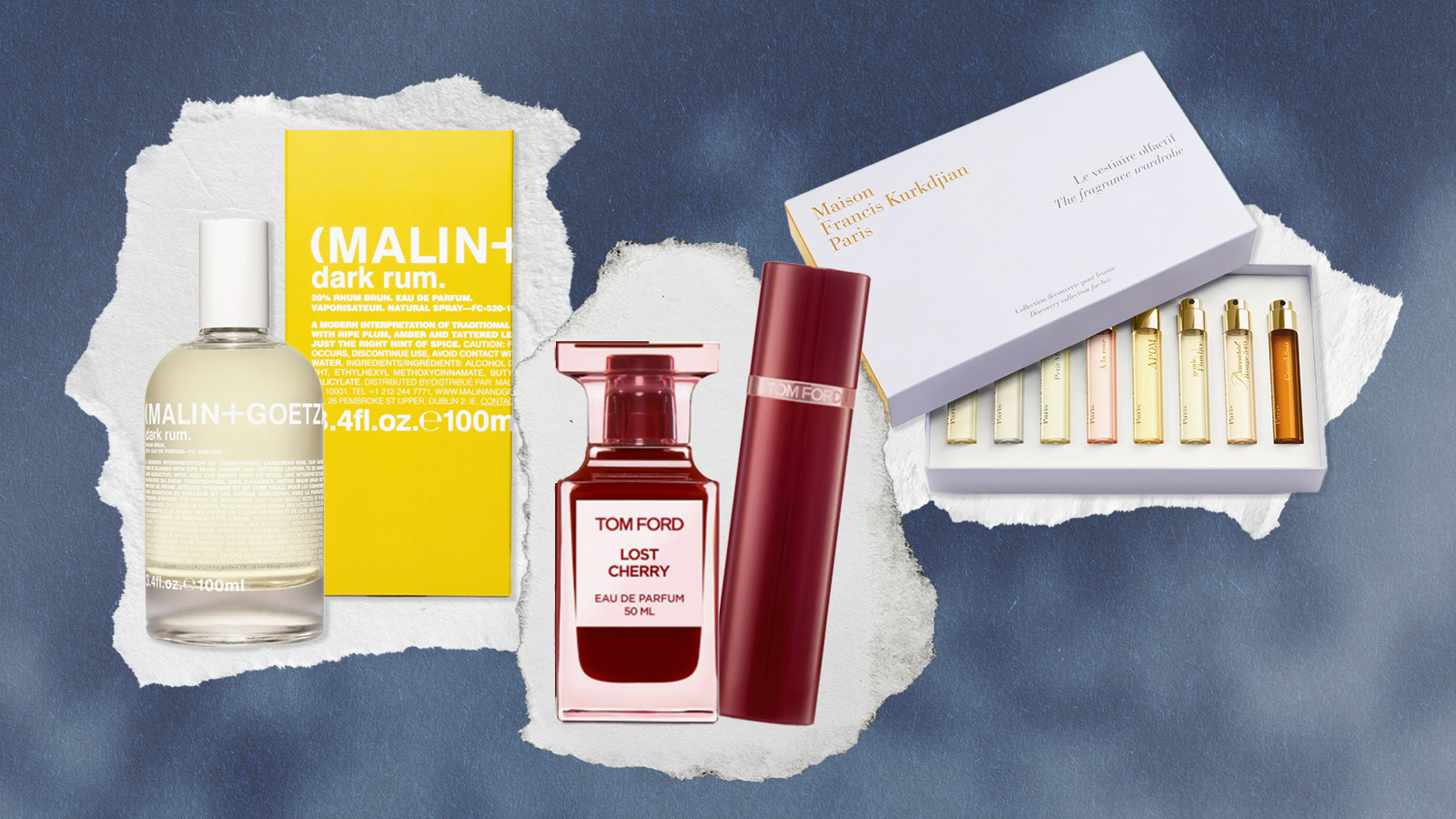 Left to Right: a bottle and box of Malin+Goetz perfume; Tom Ford Lost Cherry; and a discovery set box of Maison Francis Kurkdjian Paris fragrances.