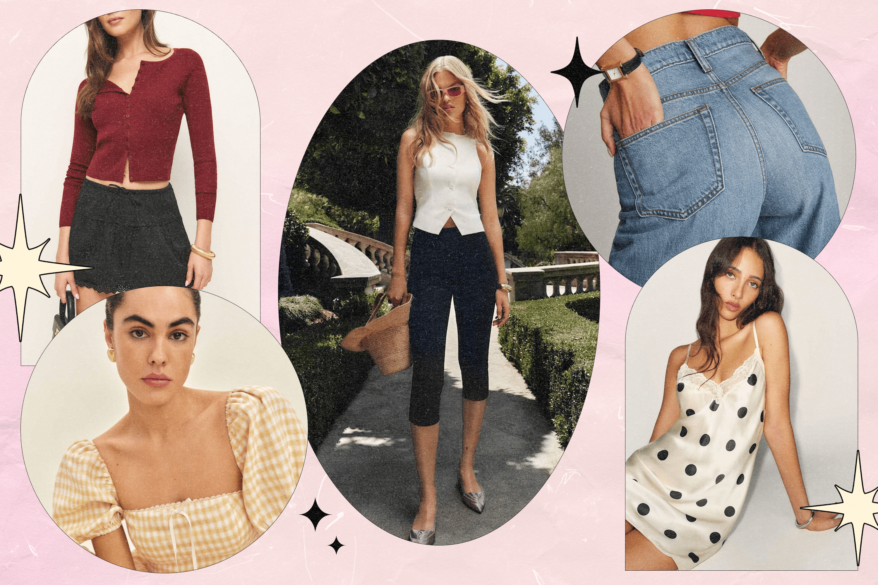 Five models wearing Reformation clothing from the 2025 summer sale