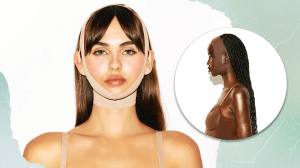 Two model shots of the Skims Face Wrap (one in Clay and one in Cocoa)