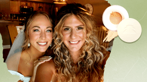 A photo of Francesca Krempa wearing Caliray's setting powder at a wedding next to a product image of Caliray's setting powder