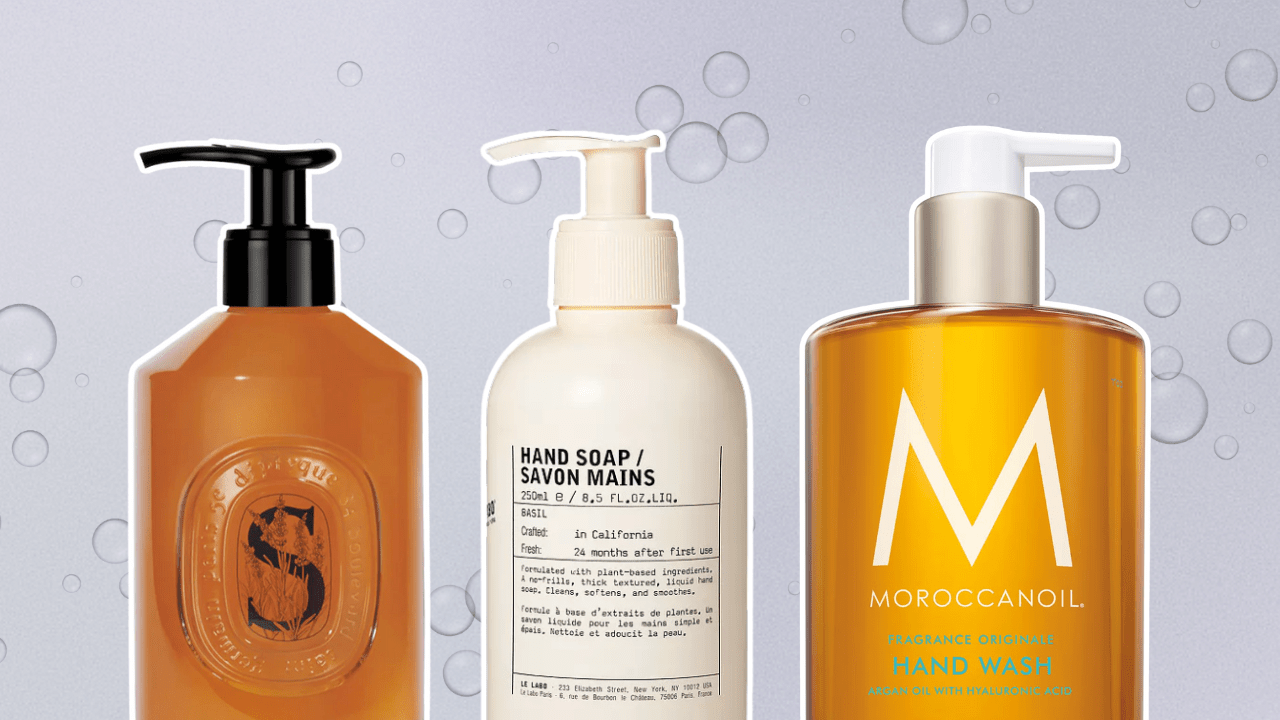 Gray background with bubbles, featuring hand soap bottles from Diptique, Le Labo, and Moroccanoil