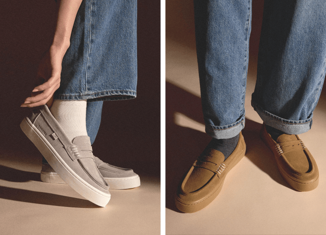 Cariuma Caju shoe on models, in grey and brown colorways