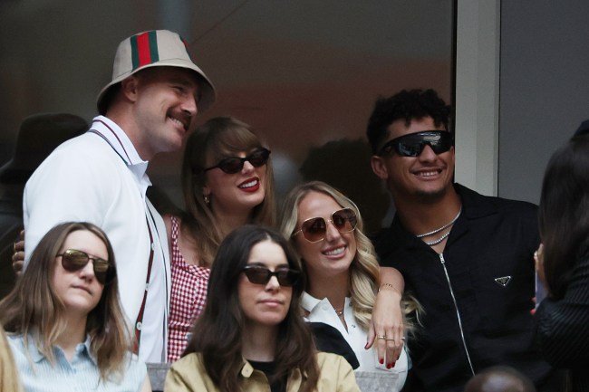 NEW YORK, NEW YORK - SEPTEMBER 08:  Singer-songwriter Taylor Swift, Travis Kelce and Patrick Mahomes of the Kansas City Chiefs and Brittany Mahomes attend the Men's Singles Final match between Taylor Fritz of the United States and Jannik Sinner of Italy on Day Fourteen of the 2024 US Open at USTA Billie Jean King National Tennis Center on September 08, 2024 in the Flushing neighborhood of the Queens borough of New York City.