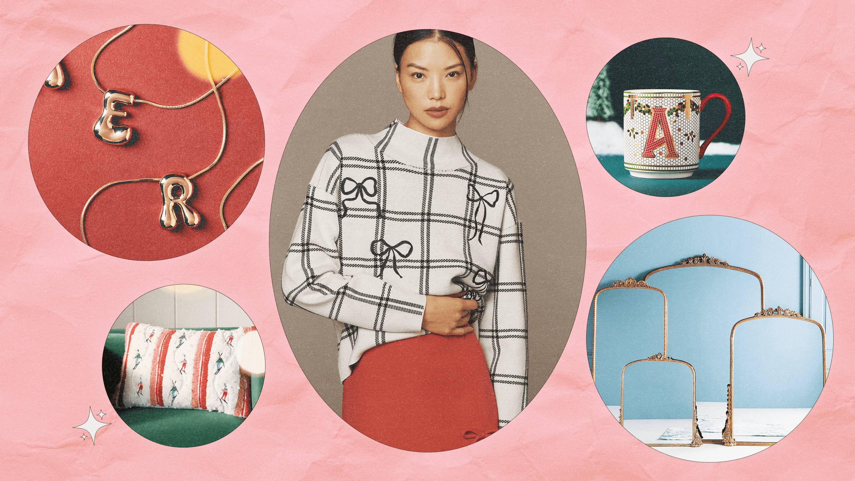Left to Right: Anthropologie bubble letter necklaces in gold; an Anthropologie skier throw pillow; an Anthropologie model wearing a white and black plaid and bow mock-neck sweater, an Anthropologie monogrammed "A" mug; four Anthropologie Primrose floor mirrors.