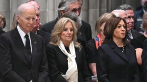 (L-R) Former US President George W. Bush his wife Laura Bush, Former US President Joe Biden, his wife Jill Biden and former US Vice President Kamala Harris look on as they attend the funeral service for late US Vice President Dick Cheney at the Washington National Cathedral in Washington, DC, on November 20, 2025.