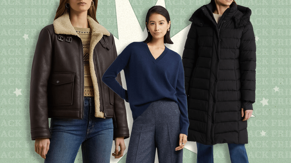 Left to Right: a model wearing a Ralph Lauren brown leather shearling bomber jacket; a model wearing a navy blue Nordstrom V-neck, long-sleeve sweater; a model wearing a black BCBG Max Azria long puffer coat.