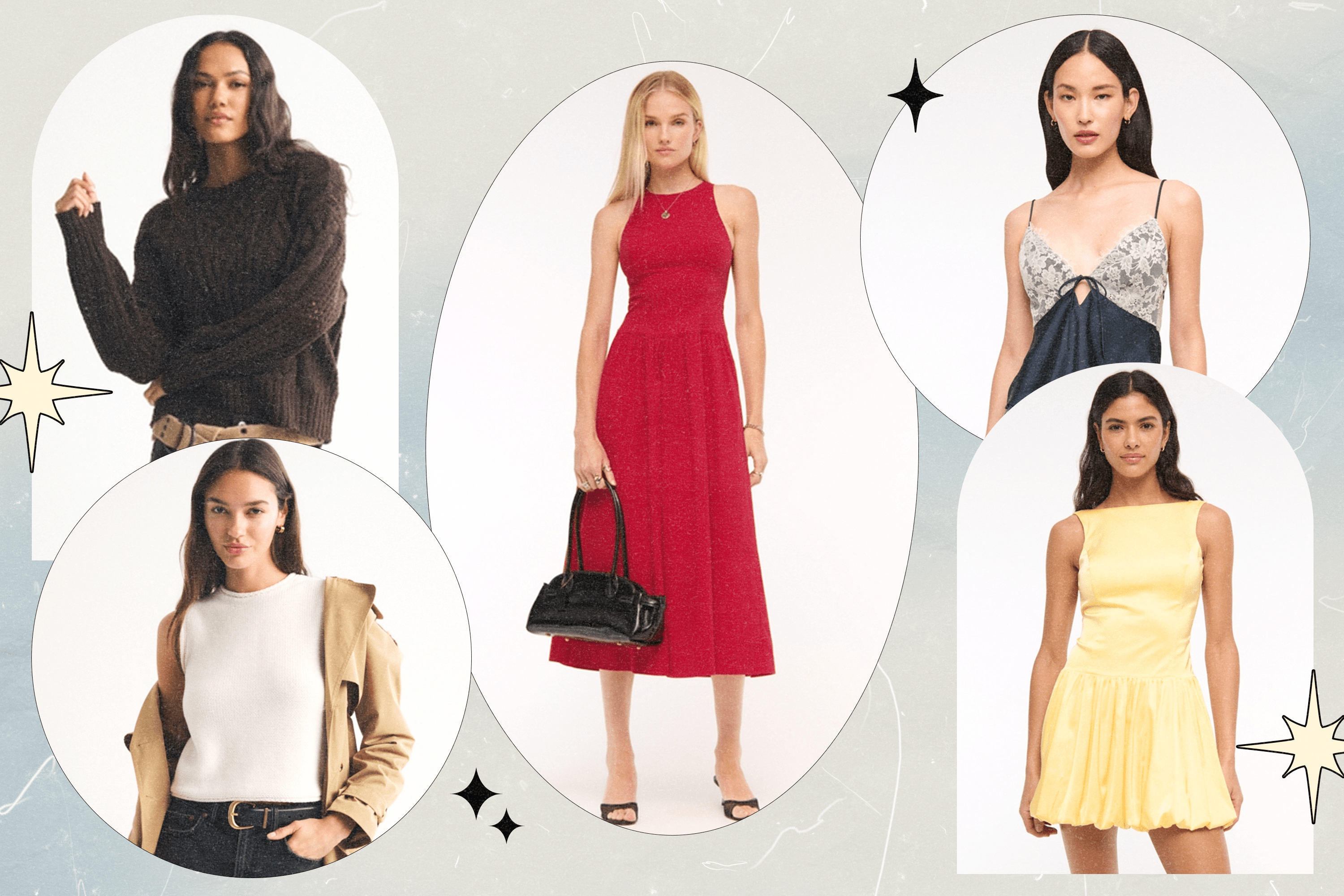 A collage of five images showing Abercrombie models wearing spring and summer clearance items (a brown long-sleeeve sweater, a white sleeveless sweater top, a red midi dress, a navy and white lace cami top, and a yellow mini dress).