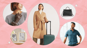 A woman wearing brown Quince leather gloves, two Quince leather picture frames, a woman wearing a Quince coat with a green carry-on suitcase, a black Quince leather satchel bag, a man wearing a blue Quince polo