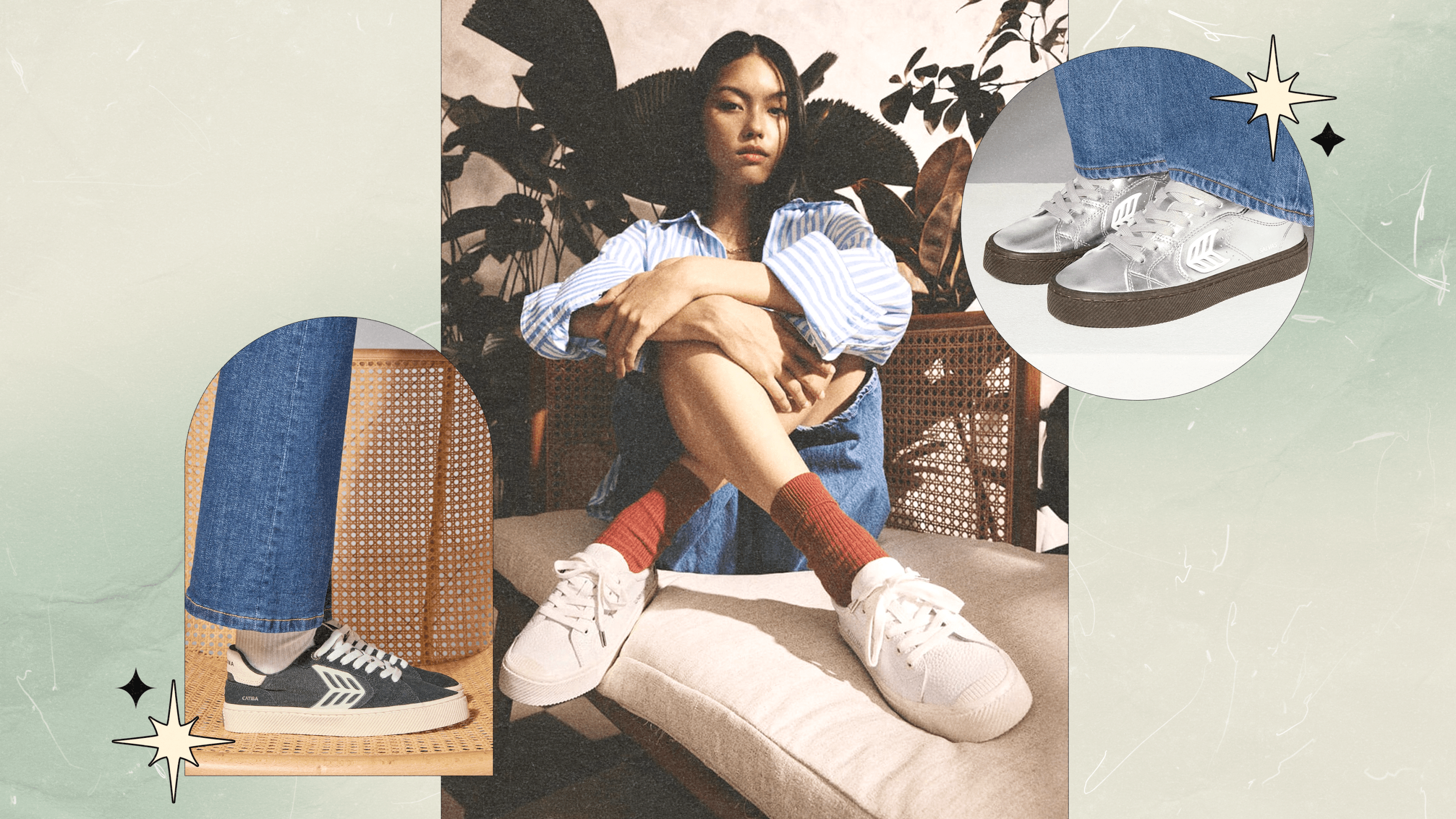 Three models wearing Cariuma women's sneakers