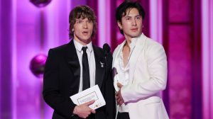 Connor Storrie, Hudson Williams at the 83rd Annual Golden Globes held at The Beverly Hilton on January 11, 2026 in Beverly Hills, California.