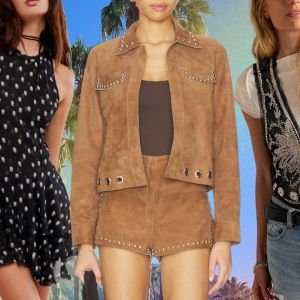 A desert scene with a woman in a short black polka dot dress, a woman in a brown suede two-piece outfit, and a woman in a denim shorts, white tee, and sheer vest.