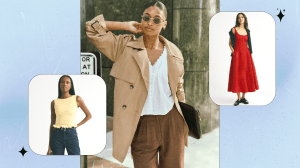 Left to Right: an Abercrombie model wearing a canary yellow ruched, sleeveless, ruffle top and dark rinse jeans; an Abercrombie model wearing a beige, mid-length trench coat with a white top and brown pants; an Abercrombie model wearing a bright red, long dress with a sweater draped over the shoulders.