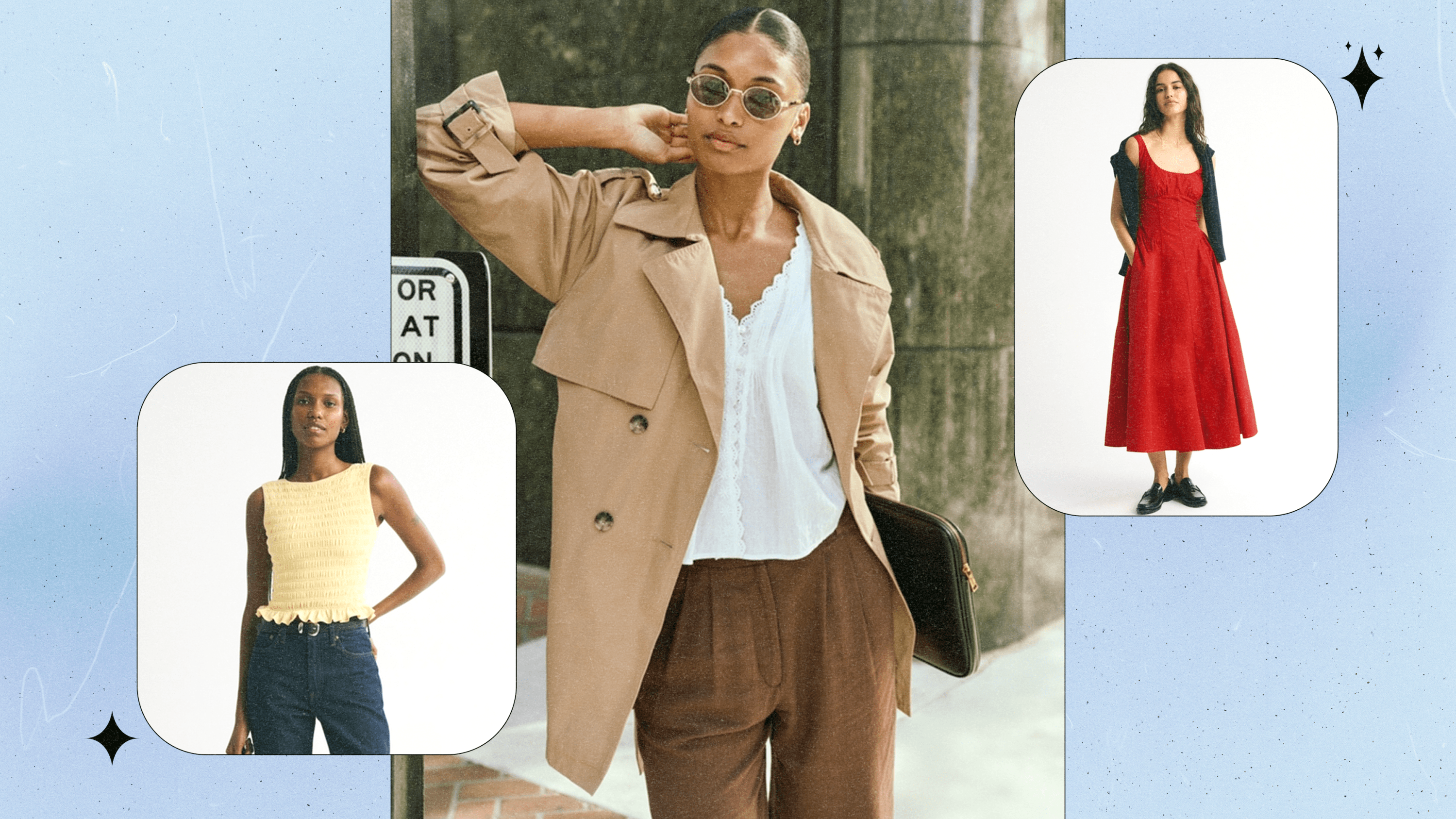 Left to Right: an Abercrombie model wearing a canary yellow ruched, sleeveless, ruffle top and dark rinse jeans; an Abercrombie model wearing a beige, mid-length trench coat with a white top and brown pants; an Abercrombie model wearing a bright red, long dress with a sweater draped over the shoulders.