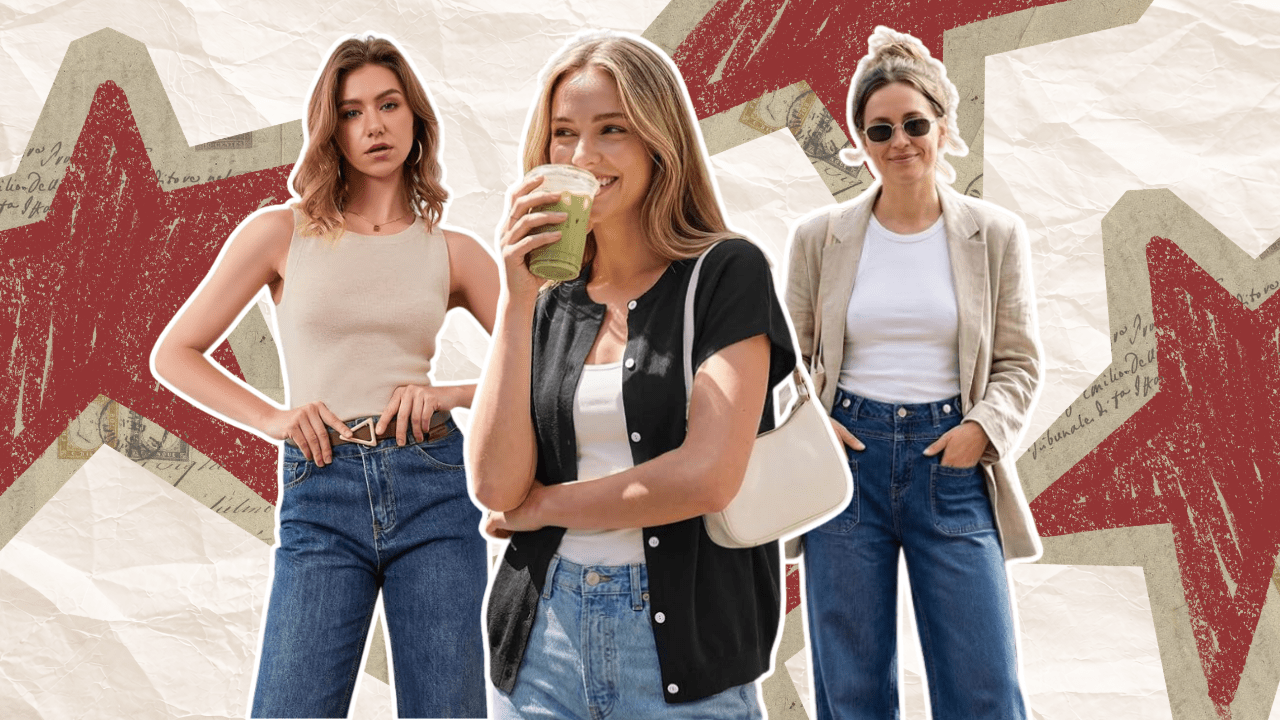A cream background with maroon stars, featuring three women in casual denim and linen outfits.