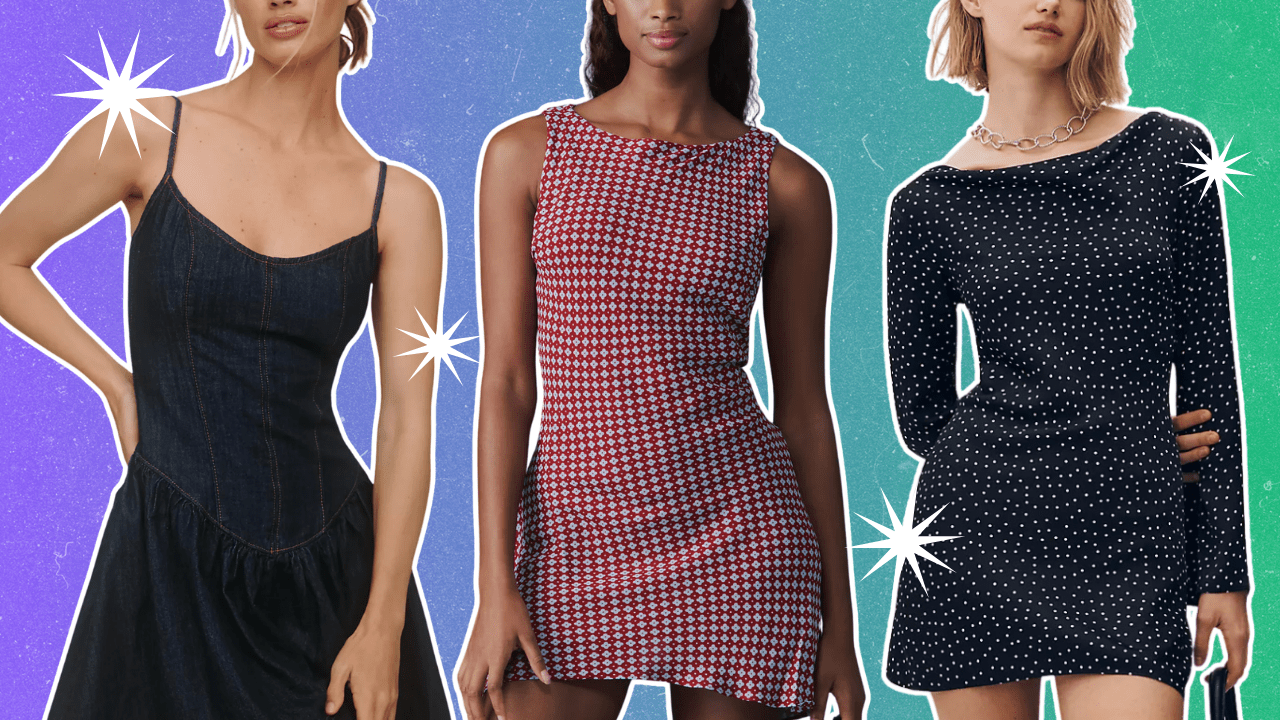 A green and blue background with three women in dresses.