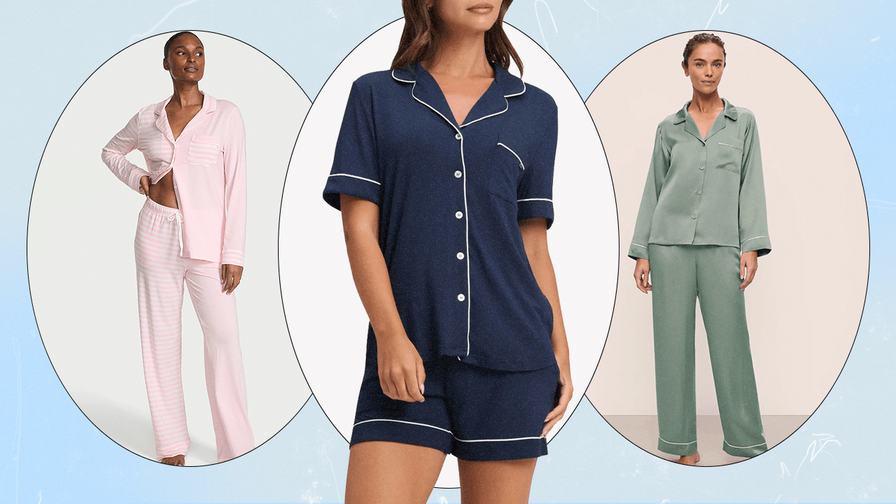 A collage featuring three models wearing the softest pajama sets from Victoria's Secret, Cozy Earth, and Eberjey.