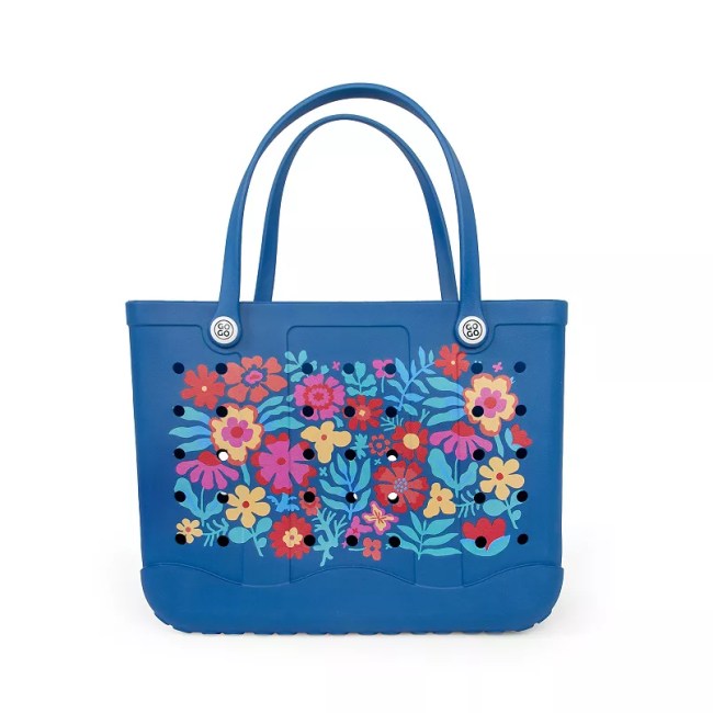 A blue rubber tote bag with floral print