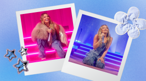 Two polaroid photos of Hilary Duff on stage, with a flower scrunchie and rhinestone star clips off-centered to create a collage look.
