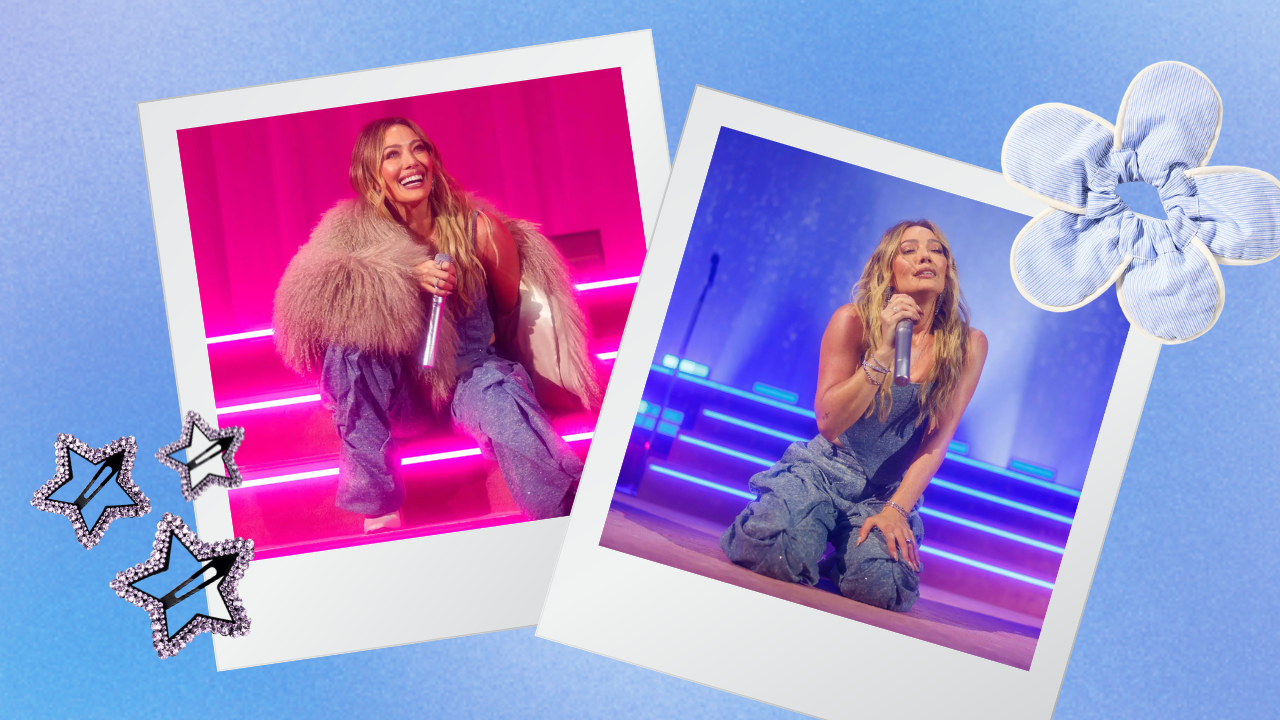 Two polaroid photos of Hilary Duff on stage, with a flower scrunchie and rhinestone star clips off-centered to create a collage look.