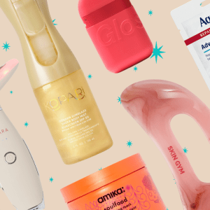 A sand colored background with blue stars featuring 9 beauty products.