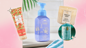 A collage of four Bath & Body Works products (body cream, hand soap, candle, and fragrance mist).