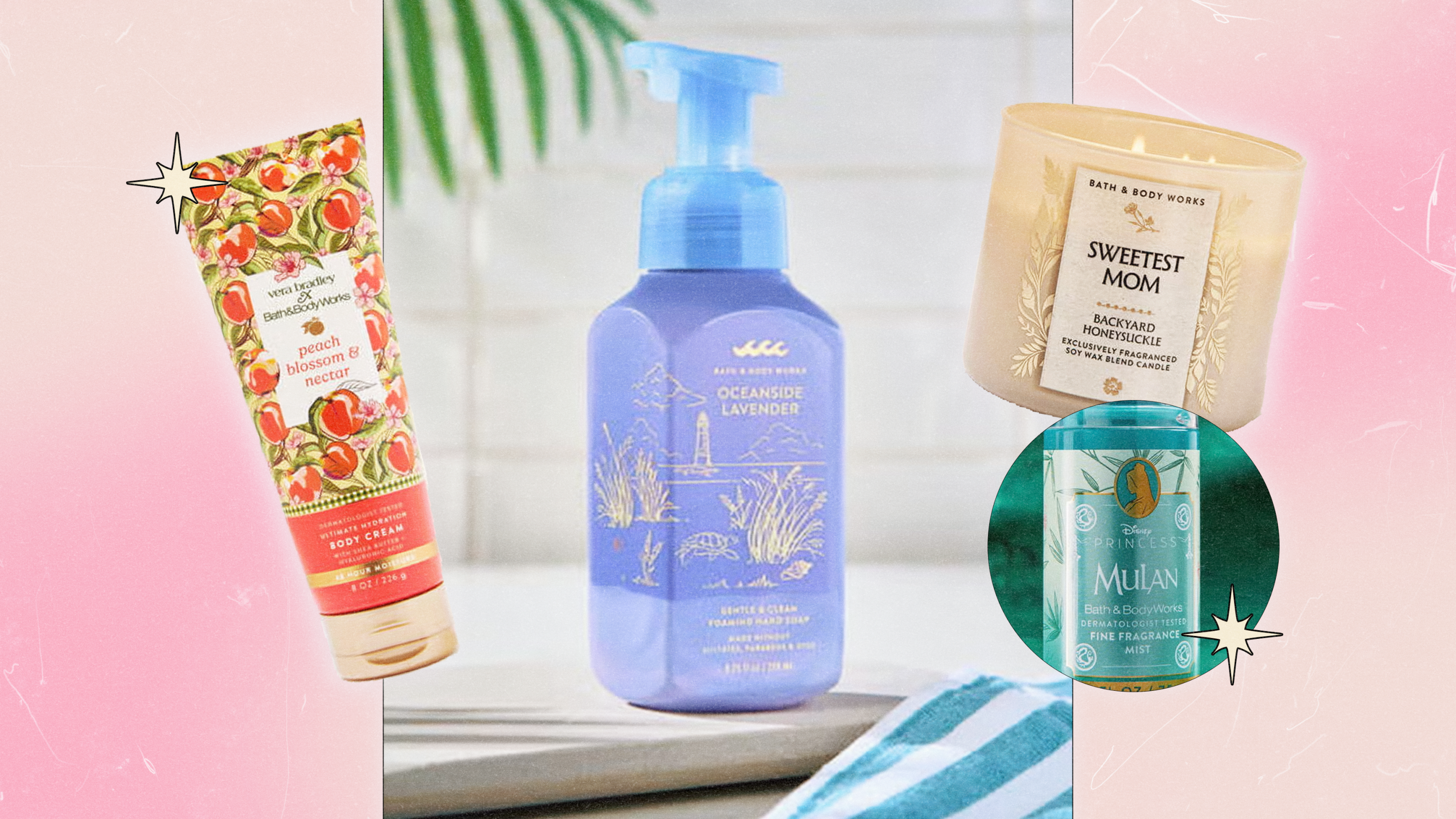 A collage of four Bath & Body Works products (body cream, hand soap, candle, and fragrance mist).