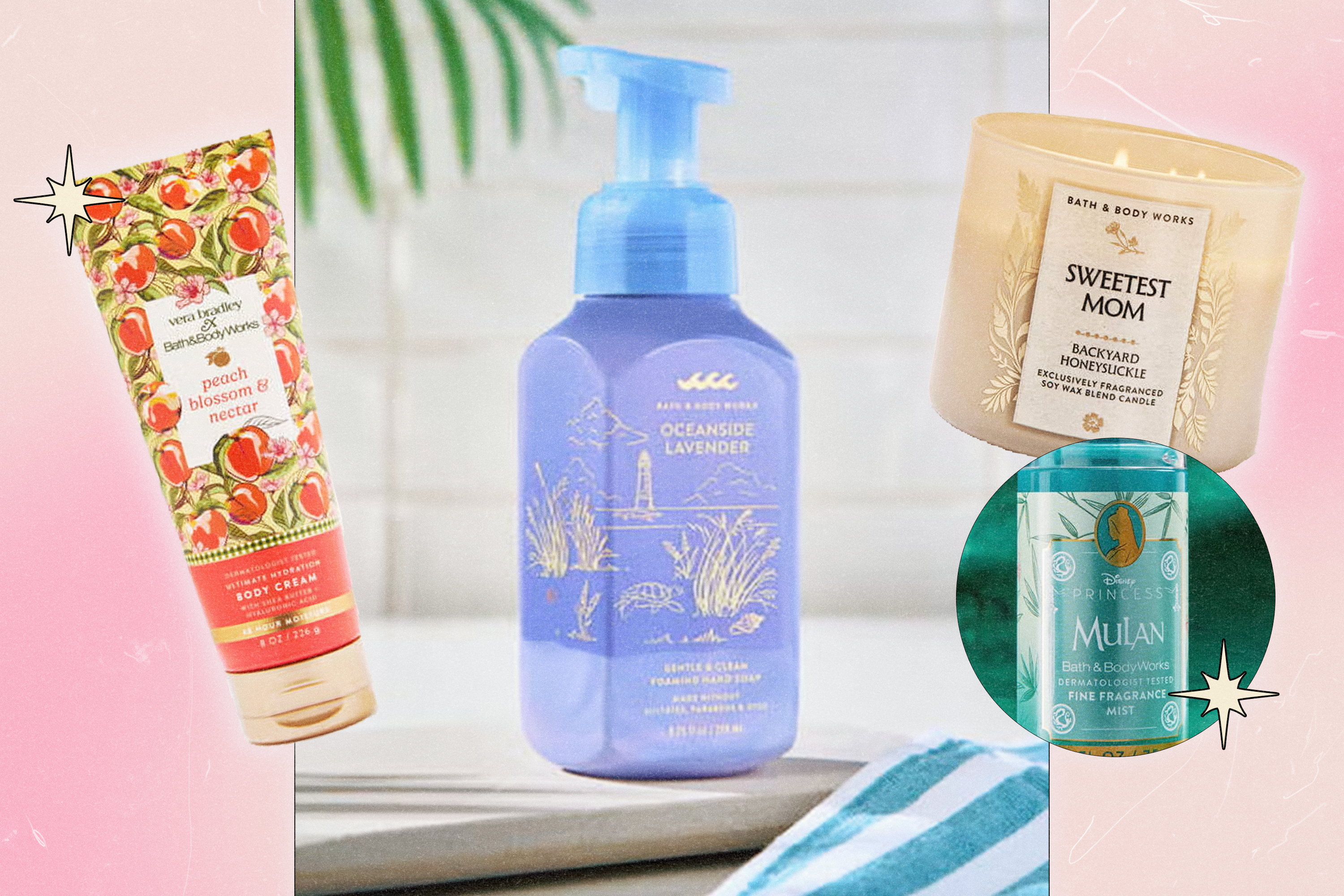 A collage of four Bath & Body Works products (body cream, hand soap, candle, and fragrance mist).