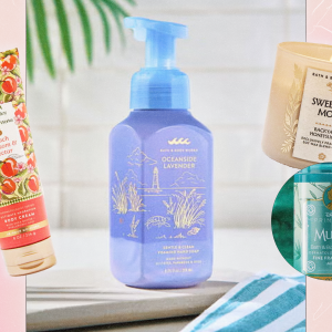 A collage of four Bath & Body Works products (body cream, hand soap, candle, and fragrance mist).