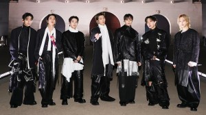 (L to R) V, JIN, SUGA, RM, JUNG KOOK, J-HOPE, JIMIN at 'BTS The Comeback Live | Arirang' at Gwanghwamun Square on March 21st in Seoul, Korea.