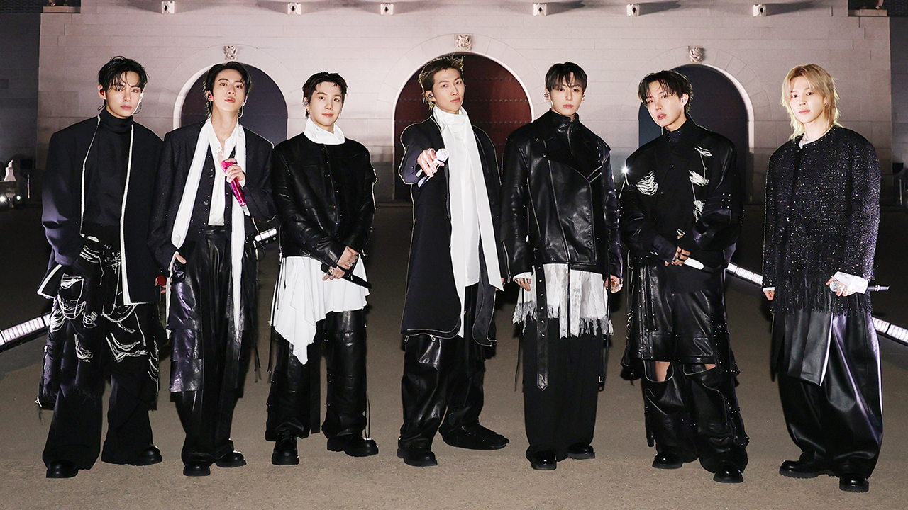 (L to R) V, JIN, SUGA, RM, JUNG KOOK, J-HOPE, JIMIN at 'BTS The Comeback Live | Arirang' at Gwanghwamun Square on March 21st in Seoul, Korea.