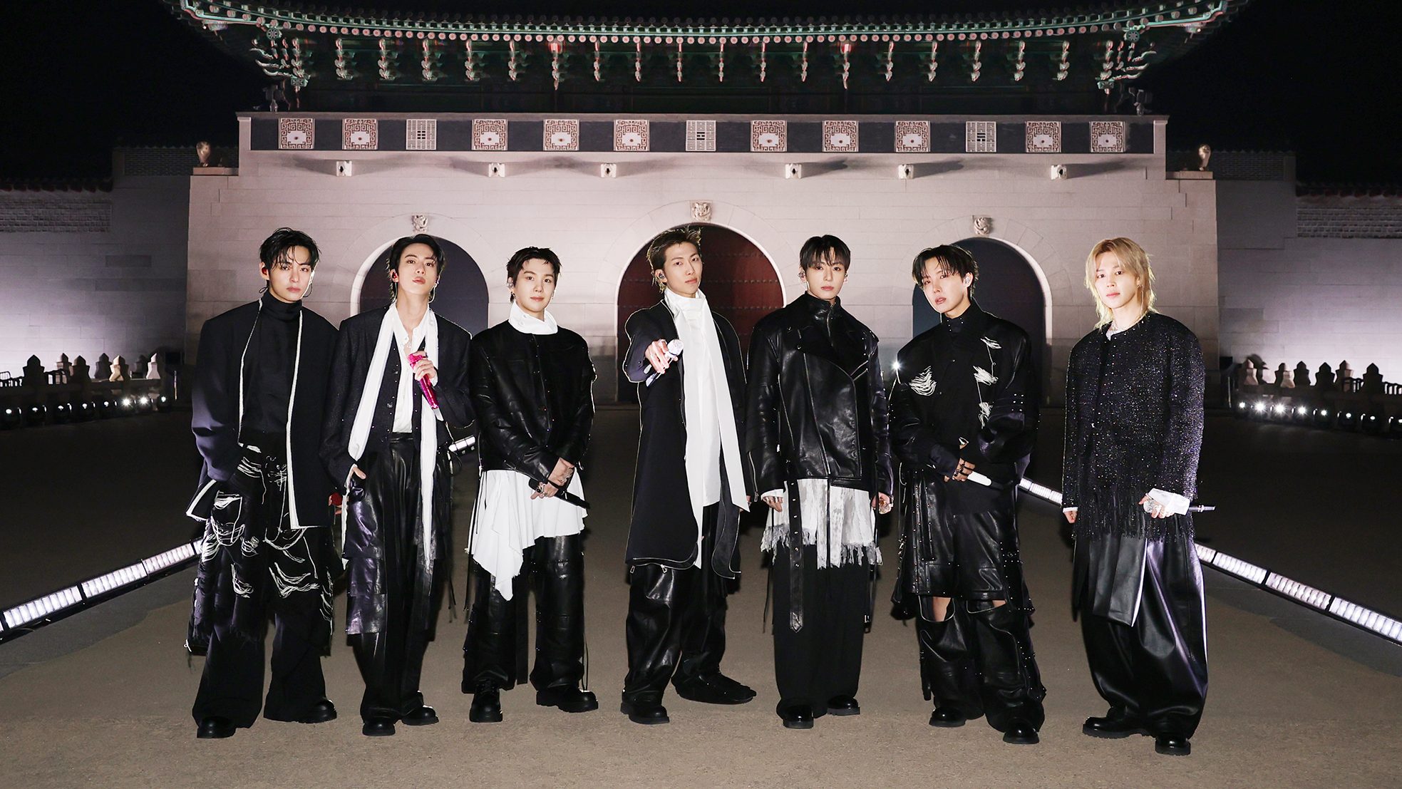 (L to R) V, JIN, SUGA, RM, JUNG KOOK, J-HOPE, JIMIN at 'BTS The Comeback Live | Arirang' at Gwanghwamun Square on March 21st in Seoul, Korea.