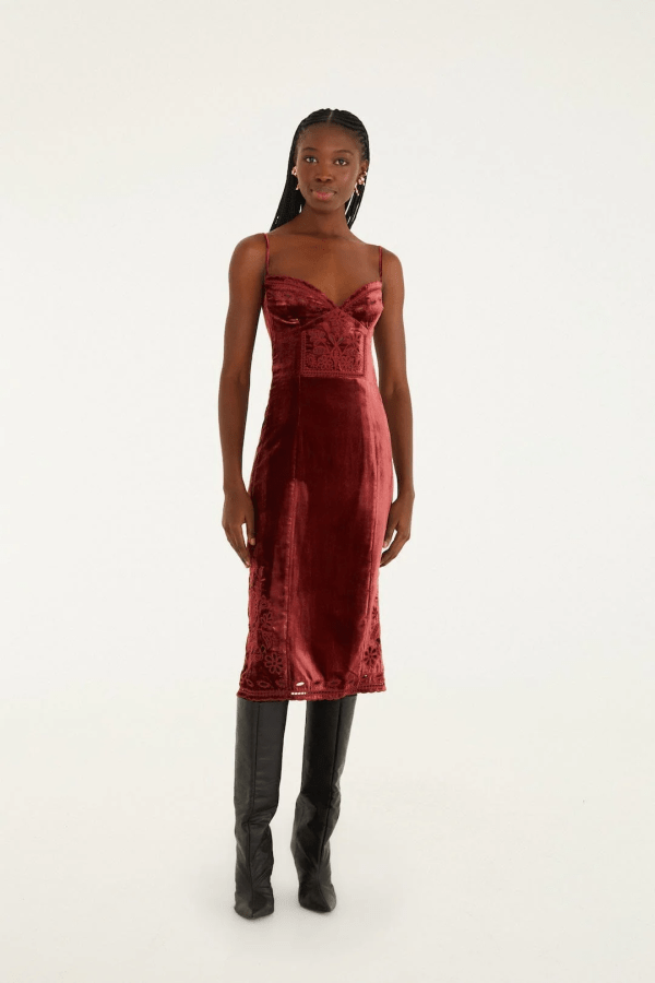 Farm Rio Burgundy Cut-Out Flowers Sleeveless Midi Dress