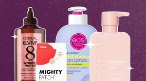 A purple background with four drugstore beauty products, including Monday shampoo, eos lotion, Mighty Patch acne patches, and L'Oréal hair gloss.