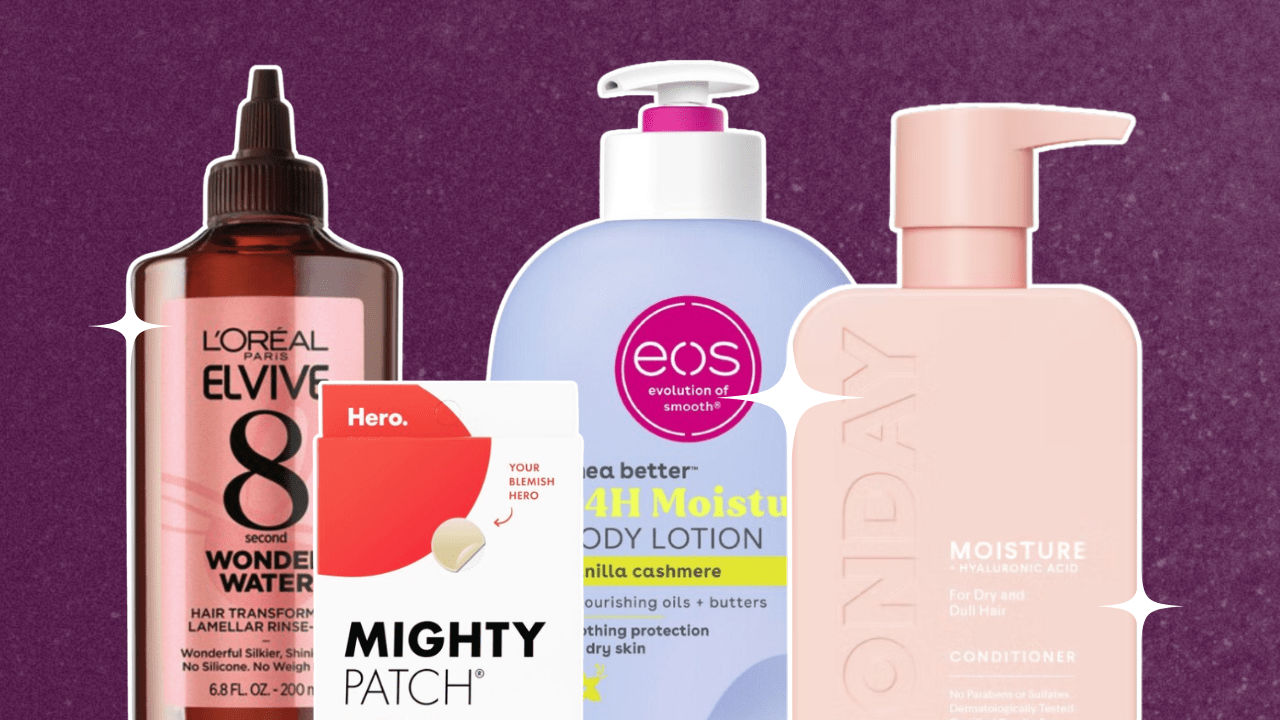 A purple background with four drugstore beauty products, including Monday shampoo, eos lotion, Mighty Patch acne patches, and L'Oréal hair gloss.