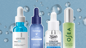 A blue background with water droplets and four hyaluronic acid serum bottles from La Roche-Posay, Curology, Kiehl's, and OSEA