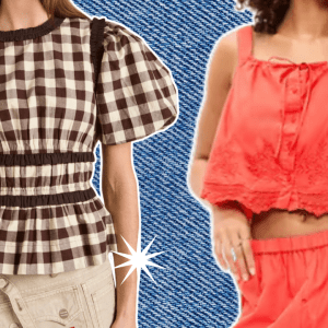 A woman in a brown gingham shirt with puffer sleeves, a woman in an orange tank with eyelet details.