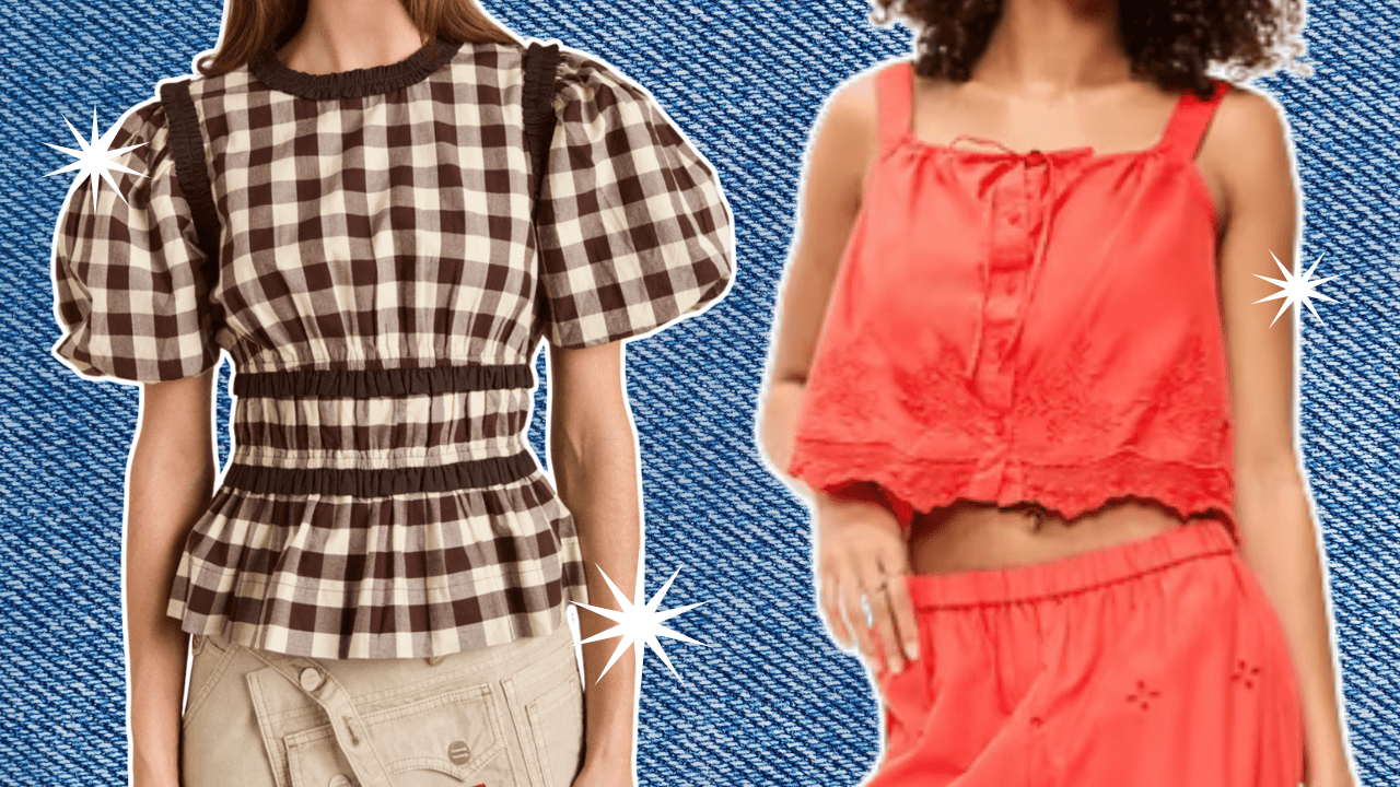 A woman in a brown gingham shirt with puffer sleeves, a woman in an orange tank with eyelet details.