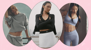 A collage featuring three images of models wearing ALO Yoga activewear/loungewear.
