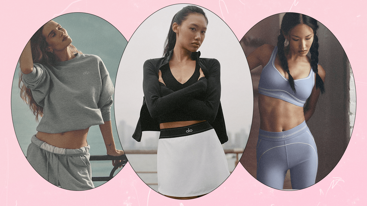 A collage featuring three images of models wearing ALO Yoga activewear/loungewear.