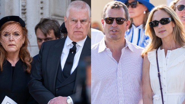 LONDON, ENGLAND - SEPTEMBER 16: Prince Andrew, Duke of York and Sarah Ferguson, Duchess of York attend the funeral of Katharine, Duchess of Kent at Westminster Cathedral on September 16, 2025 in London, England; EGHAM, ENGLAND - JULY 11: Peter Phillips and Harriet Sperling during The Royal Charity Polo Cup 2025 at Guards Polo Club on July 11, 2025 in Egham, England.