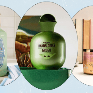 A collage featuring three products from Bath & Body Works (a Cucumber Melon hand soap, a Mandalorian Grogu cologne bottle, and two Champagne Toast candles stacked on top of each other).