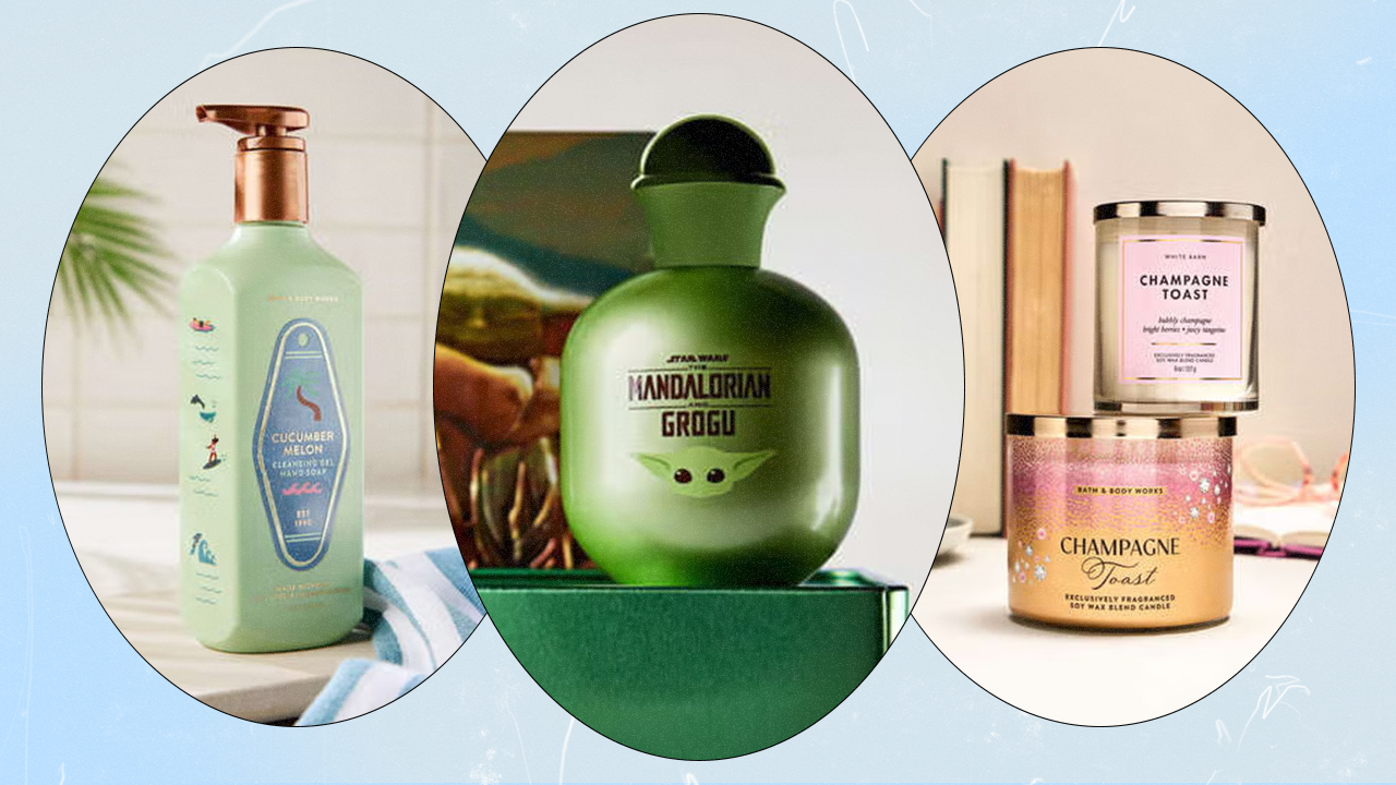 A collage featuring three products from Bath & Body Works (a Cucumber Melon hand soap, a Mandalorian Grogu cologne bottle, and two Champagne Toast candles stacked on top of each other).